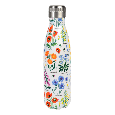 Medium size white stainless steel water bottle with silver lid featuring wild flower pattern