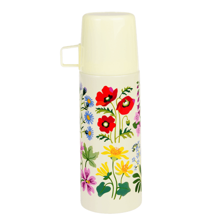 Small white stainless steel flask with cream plastic cup featuring wild flower pattern