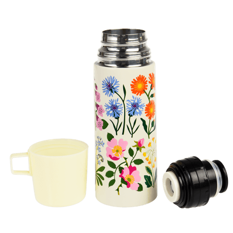 Wild Flowers flask with cup removed and lid unscrewed