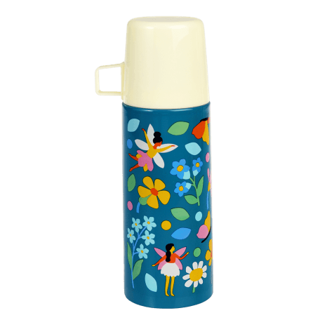 Small dark blue stainless steel flask with cream plastic cup featuring fairies amongst flowers