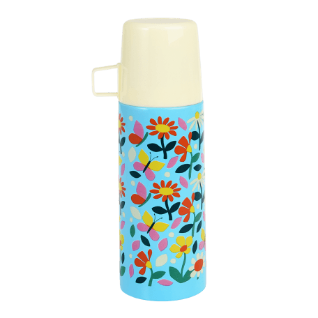 Small light blue stainless steel flask with cream plastic cup featuring butterflies amongst flowers