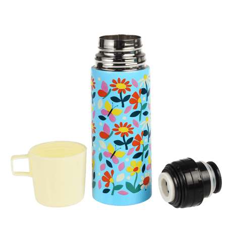 Butterfly garden flask with cup removed and lid unscrewed