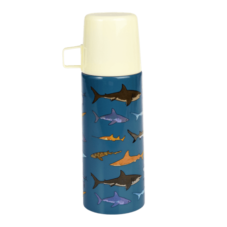 Small dark blue stainless steel flask with cream plastic cup featuring pictures of sharks