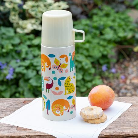 Small white stainless steel flask with cream plastic cup featuring colourful illustrations of wild animals