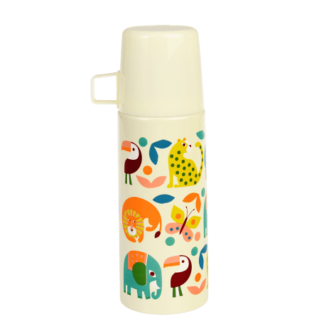 Small white stainless steel flask with cream plastic cup featuring colourful illustrations of wild animals