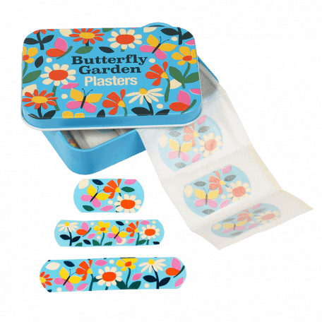 open butterfly garden plasters tin with plasters on display