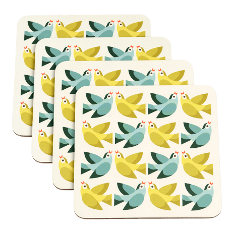 Four cream wood and cork coasters featuring bird pattern