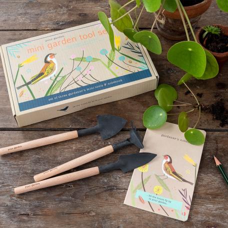 Mini garden tool set comprising shovel rake trowel notebook unpacked next to box and plants