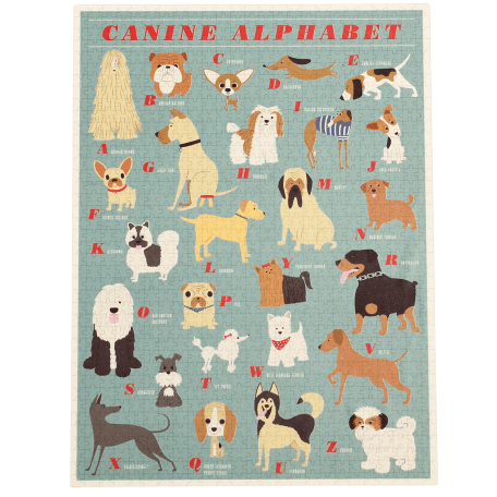 Completed 1000 piece jigsaw puzzle with illustrations of various dogs 