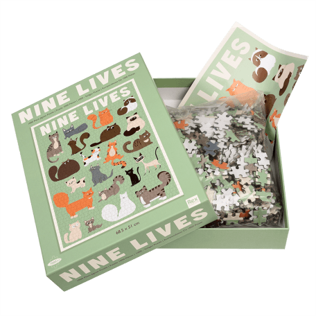 Nine Lives puzzle pieces and guide sheet in box