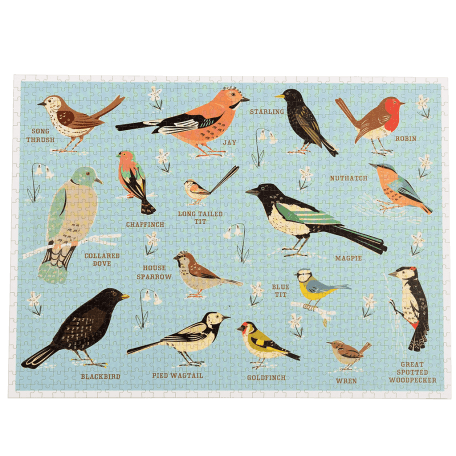 Completed 1000 piece jigsaw puzzle with illustrations of various garden birds