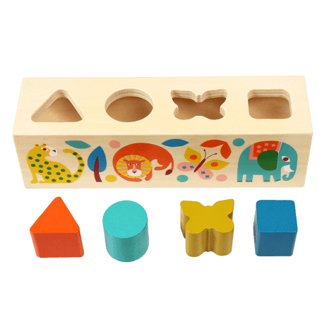 Wooden shape sorter toy with images of cheetah lion butterfly elephant