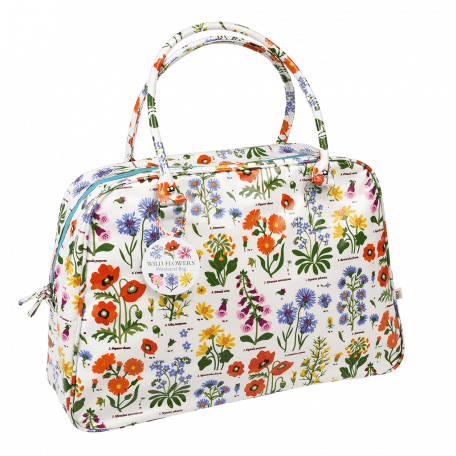 White oilcloth weekend bag with wild floral pattern