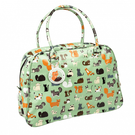 Light green oilcloth weekend bag with illustrations of cats