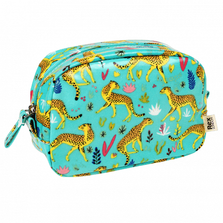 Turquoise oilcloth makeup bag with print of cheetahs