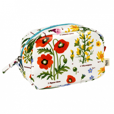 White oilcloth makeup bag with wild floral pattern