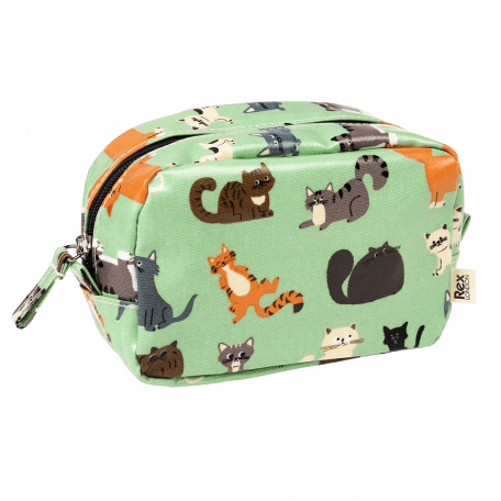 Light green oilcloth makeup bag with illustrations of cats