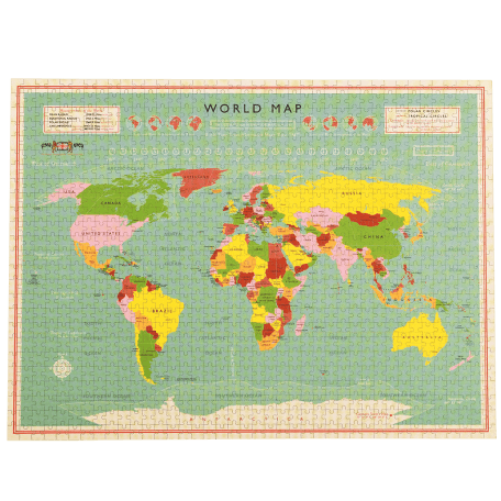 Completed 1000 piece jigsaw puzzle with print of world map