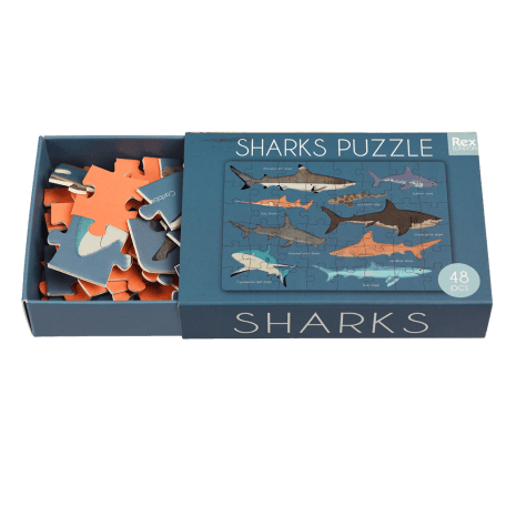 Shark puzzle pieces inside box