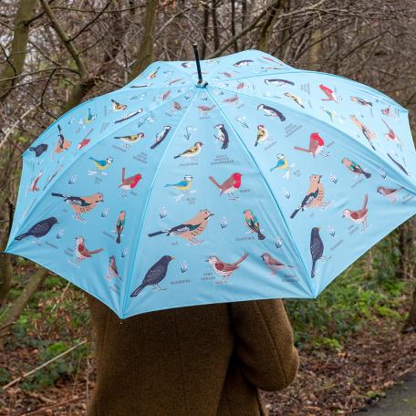 Light blue umbrella with print of garden birds used by person outside