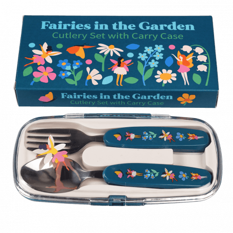 Stainless steel fork and spoon with dark blue plastic handles featuring print of fairies and flowers in plastic carry case