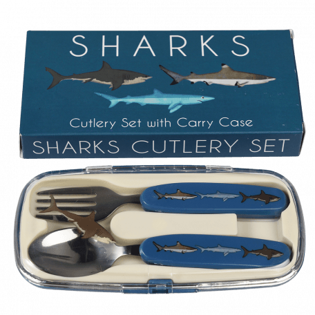 Stainless steel fork and spoon with dark blue plastic handles featuring pictures of sharks in plastic carry case