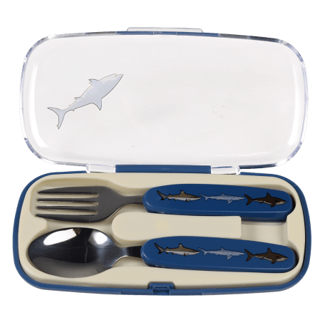 Sharks cutlery set in carry case with lid open