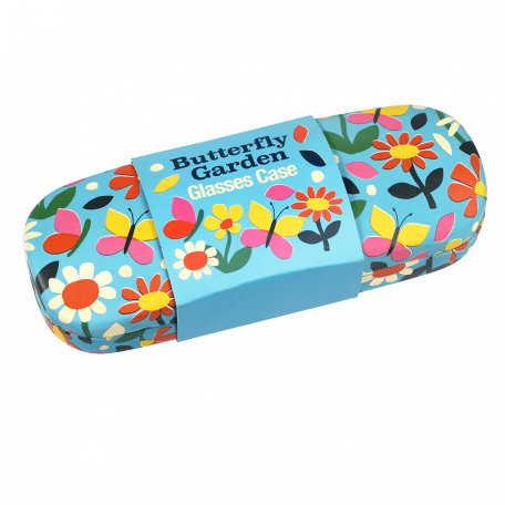 Light blue hardshell glasses case with print of butterflies amongst flowers