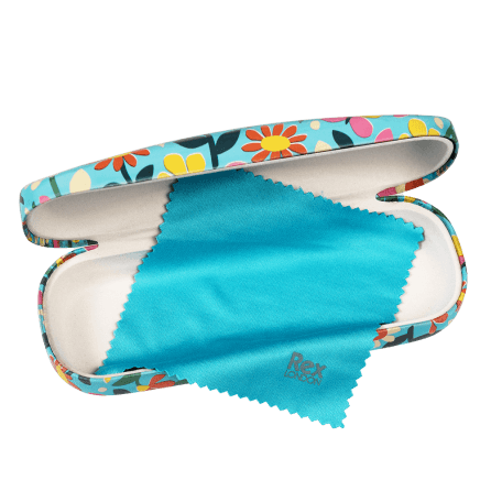 Butterfly Garden glasses case open with included cleaning cloth in blue