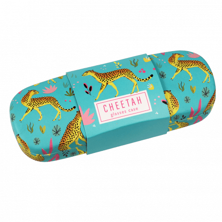 Turquoise hardshell glasses case with print of cheetahs