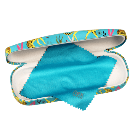 Cheetah glasses case open with included cleaning cloth in blue