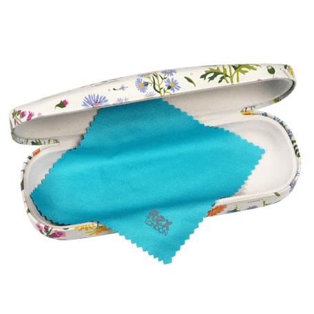 Wild Flowers glasses case open with included cleaning cloth in blue