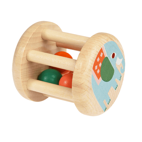 Wooden baby rattle on side with elephant showing