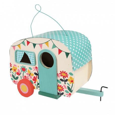 Wooden birdhouse in shape of caravan with print of butterflies and flowers