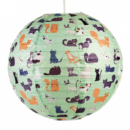 Paper lampshade with illustrations of cats fully assembled and hanging from light fitting