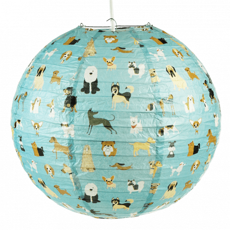 Paper lampshade with illustrations of dogs fully assembled and hung from light fitting