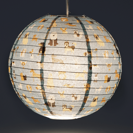 Paper lampshade with illustrations of dogs hung with light on shining through