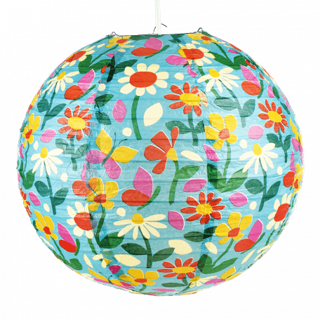 Paper lampshade with illustrations of butterflies among flowers fully assembled and hung from light fitting