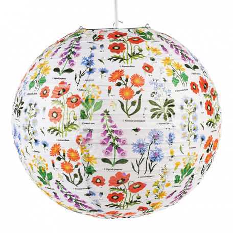 Paper lampshade with illustrations of wild flowers fully assembled and hanging from light fitting