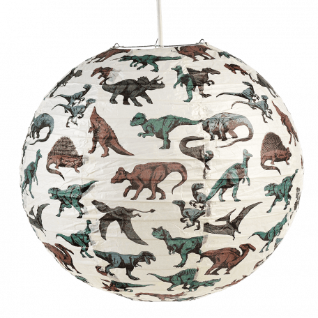 Paper lampshade with illustrations of dinosaurs fully assembled and hung from light fitting