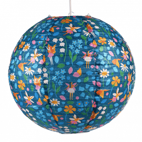 Paper lampshade with illustrations of fairies among flowers fully assembled and hung from light fitting