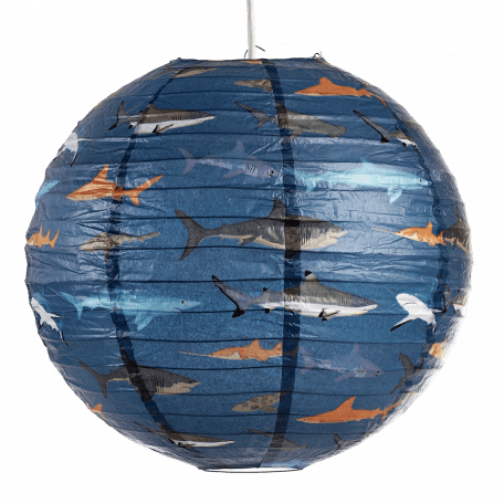 Paper lampshade with illustrations of sharks fully assembled and hung from light fitting