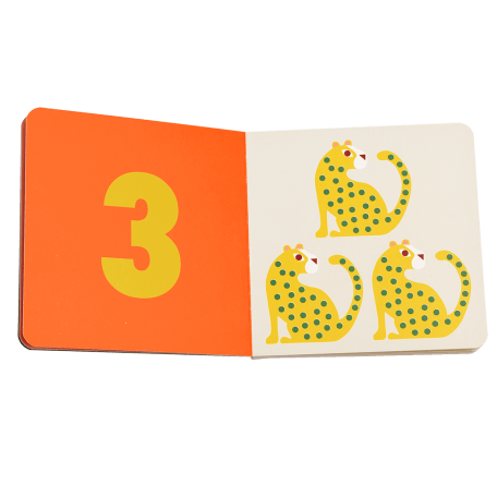 First book of numbers pages with number 3 and graphics of cheetahs