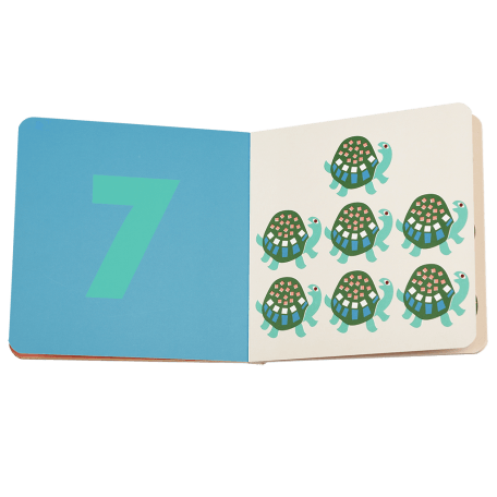 First book of numbers pages with number 7 and graphics of tortoises