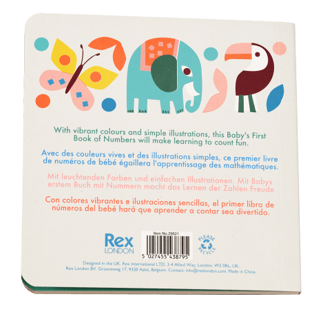 First book of numbers back cover with colourful graphics of wild animals