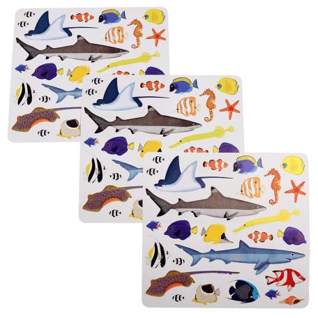 3 sheets with stickers of ocean creatures: sharks, rays, fish, etc.