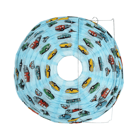 Paper lampshade with vintage style illustrations of classic cars vehicles unassembled