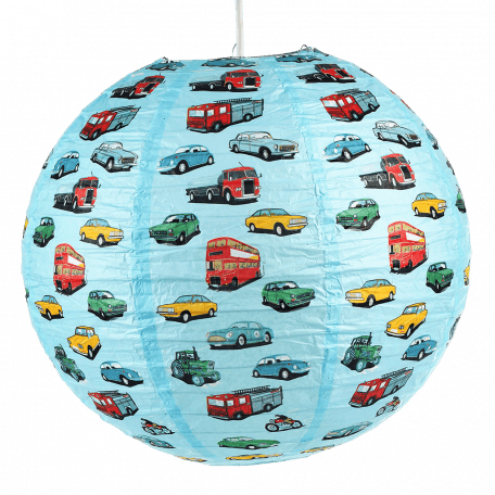 Paper lampshade with vintage style illustrations of classic cars vehicles fully assembled and hung from light fitting