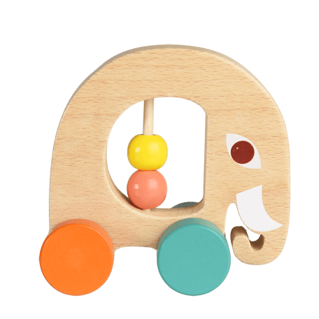 Multi-coloured wooden push along toy in shape of elephant with four wheels and two movable beads