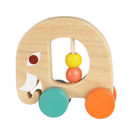 Multi-coloured wooden push along toy in shape of elephant with four wheels and two movable beads